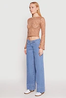 Womens Madden Girl Crochet Long Sleeve Crop Top, Beige, Size XL