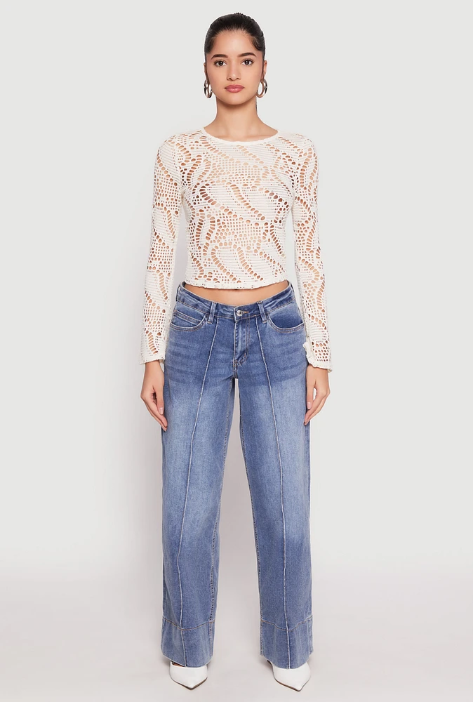 Womens Madden Girl Crochet Long Sleeve Crop Top, White, Size L