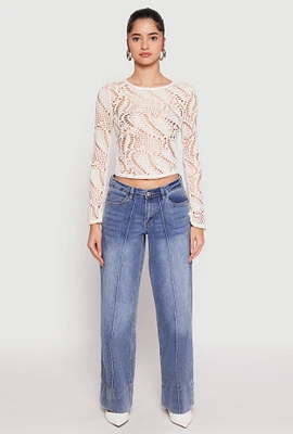 Womens Madden Girl Crochet Long Sleeve Crop Top, White, Size L