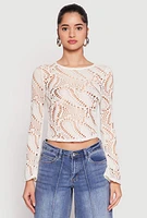 Womens Madden Girl Crochet Long Sleeve Crop Top, White, Size L