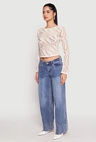 Womens Madden Girl Crochet Long Sleeve Crop Top, White, Size L