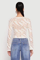 Womens Madden Girl Crochet Long Sleeve Crop Top, White, Size L