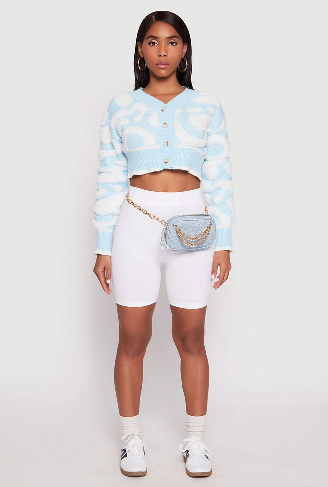 Womens Daisy Tufted Knit Cropped Cardigan, Blue, Size M