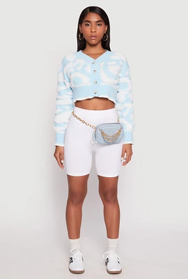 Womens Daisy Tufted Knit Cropped Cardigan, Blue, Size M