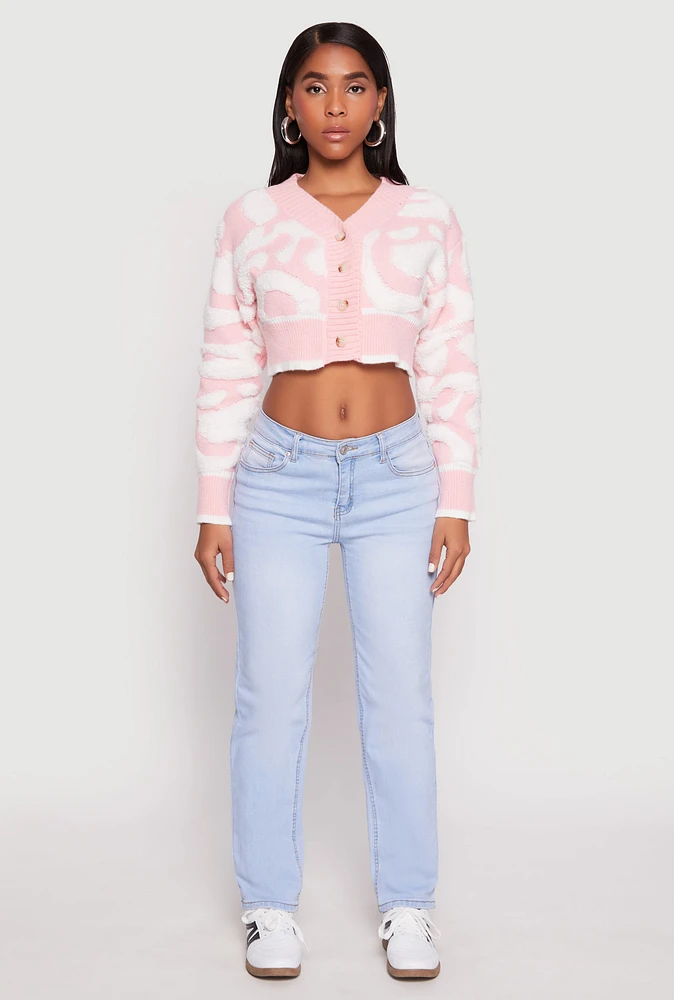 Womens Daisy Tufted Knit Cropped Cardigan, Pink, Size S