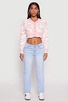 Womens Daisy Tufted Knit Cropped Cardigan, Pink, Size S