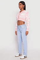 Womens Daisy Tufted Knit Cropped Cardigan, Pink, Size S
