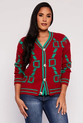 Womens Daisy Geometric Print Cardigan, Red, Size M