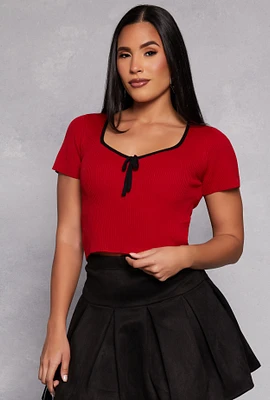 Womens Contrast Trim Bow Detail Crop Top, Red,