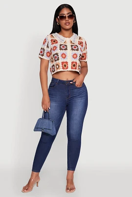 Womens Boho Crochet Shirt with Cropped Hem and Classic Fit, Multi, Size S