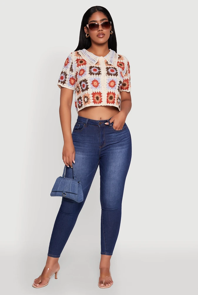 Womens Boho Crochet Shirt with Cropped Hem and Classic Fit, Multi, Size L