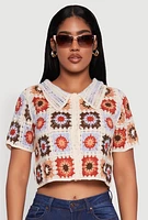 Womens Boho Crochet Shirt with Cropped Hem and Classic Fit, Multi, Size L