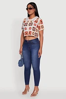 Womens Boho Crochet Shirt with Cropped Hem and Classic Fit, Multi, Size L