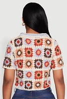 Womens Boho Crochet Shirt with Cropped Hem and Classic Fit, Multi, Size L