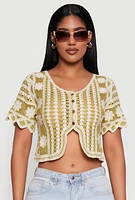 Womens Color Blocked Crochet Button Front Sweater and Scalloped Trim, Multi,