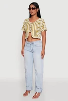 Womens Color Blocked Crochet Button Front Sweater and Scalloped Trim, Multi,