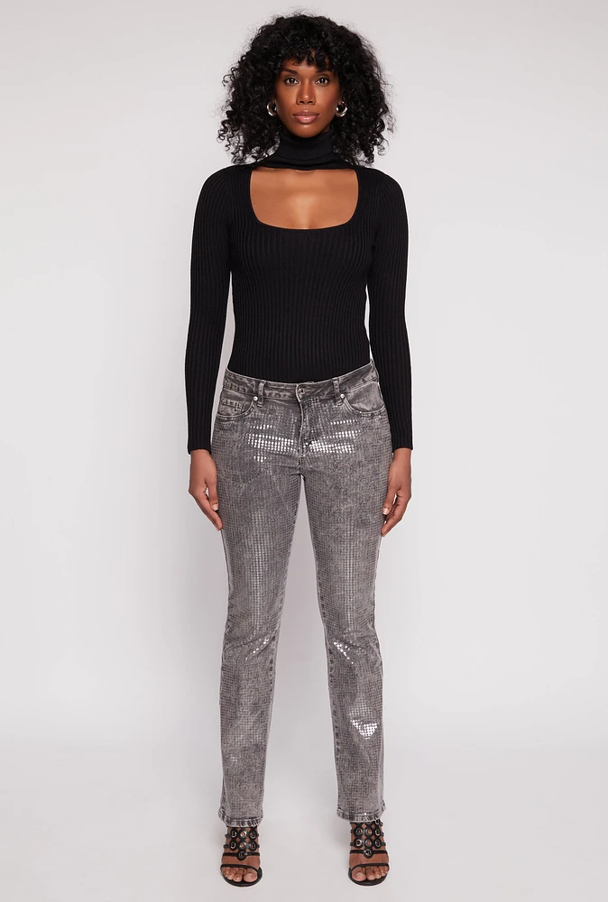 Womens Ribbed Knit Cut Out Turtleneck Sweater, Black, Size S