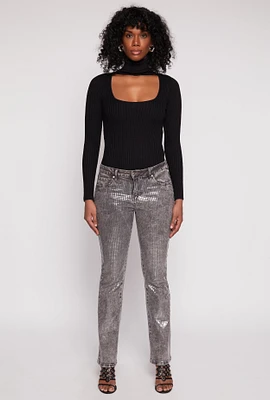 Womens Ribbed Knit Cut Out Turtleneck Sweater, Black, Size S