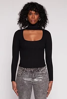 Womens Ribbed Knit Cut Out Turtleneck Sweater, Black, Size S