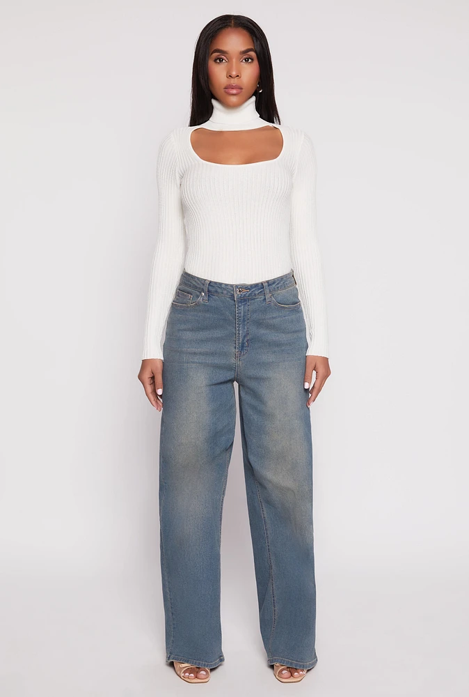 Womens Ribbed Knit Cut Out Turtleneck Sweater, White, Size XL