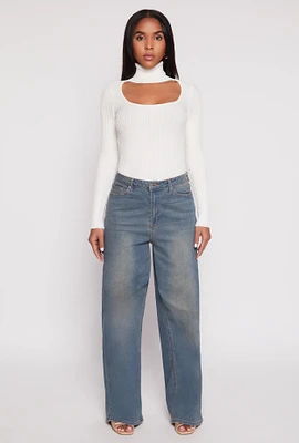 Womens Ribbed Knit Cut Out Turtleneck Sweater, White, Size XL