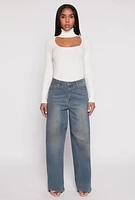 Womens Ribbed Knit Cut Out Turtleneck Sweater, White, Size XL