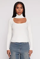 Womens Ribbed Knit Cut Out Turtleneck Sweater, White,