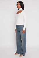 Womens Ribbed Knit Cut Out Turtleneck Sweater, White, Size XL