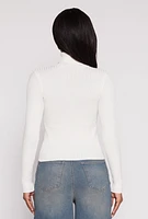 Womens Ribbed Knit Cut Out Turtleneck Sweater, White, Size XL