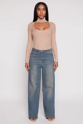 Womens Ribbed Knit Cut Out Turtleneck Sweater, Beige, Size S