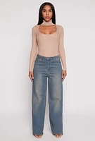 Womens Ribbed Knit Cut Out Turtleneck Sweater, Beige, Size S