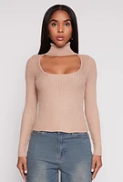 Womens Ribbed Knit Cut Out Turtleneck Sweater, Beige, Size S