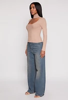 Womens Ribbed Knit Cut Out Turtleneck Sweater, Beige, Size S
