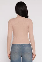Womens Ribbed Knit Cut Out Turtleneck Sweater, Beige, Size S