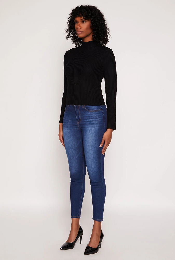 Womens Rib Knit Turtleneck Sweater, Black, Size S