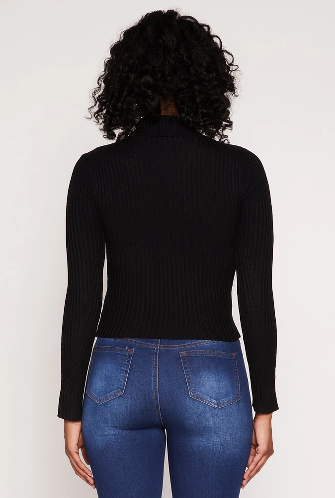 Womens Rib Knit Turtleneck Sweater, Black, Size S