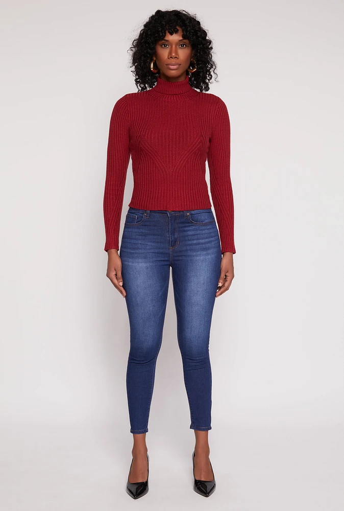 Womens Rib Knit Turtleneck Sweater, Burgundy, Size M