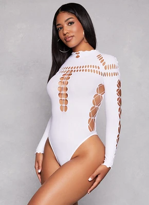 Womens Laser Cut Seamless Bodysuit, White