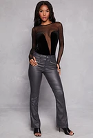 Womens Asymmetrical Plunge Velour Bodysuit, Black, Size S