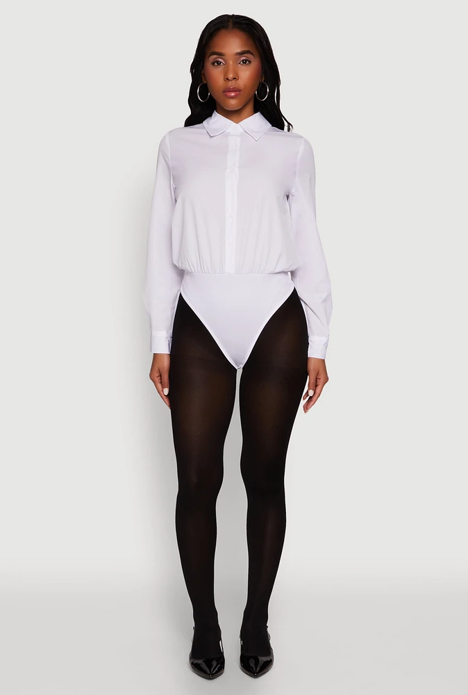 Womens Daisy Collared Button Front Thong Bodysuit, White,
