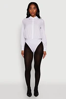 Womens Daisy Collared Button Front Thong Bodysuit, White,