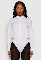 Womens Daisy Collared Button Front Thong Bodysuit, White,
