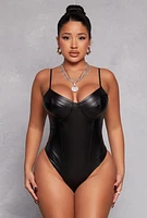 Womens Iris Leather Look Bustier Bodysuit, Black, Size XL