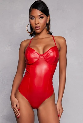 Womens Iris Leather Look Bustier Bodysuit, Red, Size S