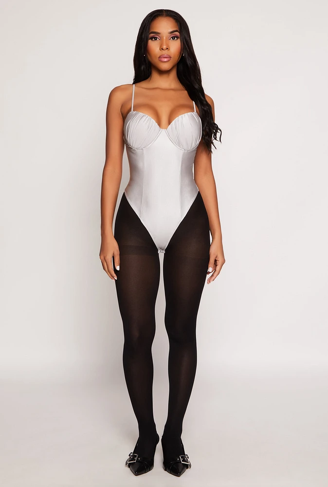 Womens Ruched Padded Bustier Bodysuit, Grey, Size L