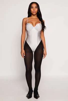 Womens Ruched Padded Bustier Bodysuit, Grey, Size L