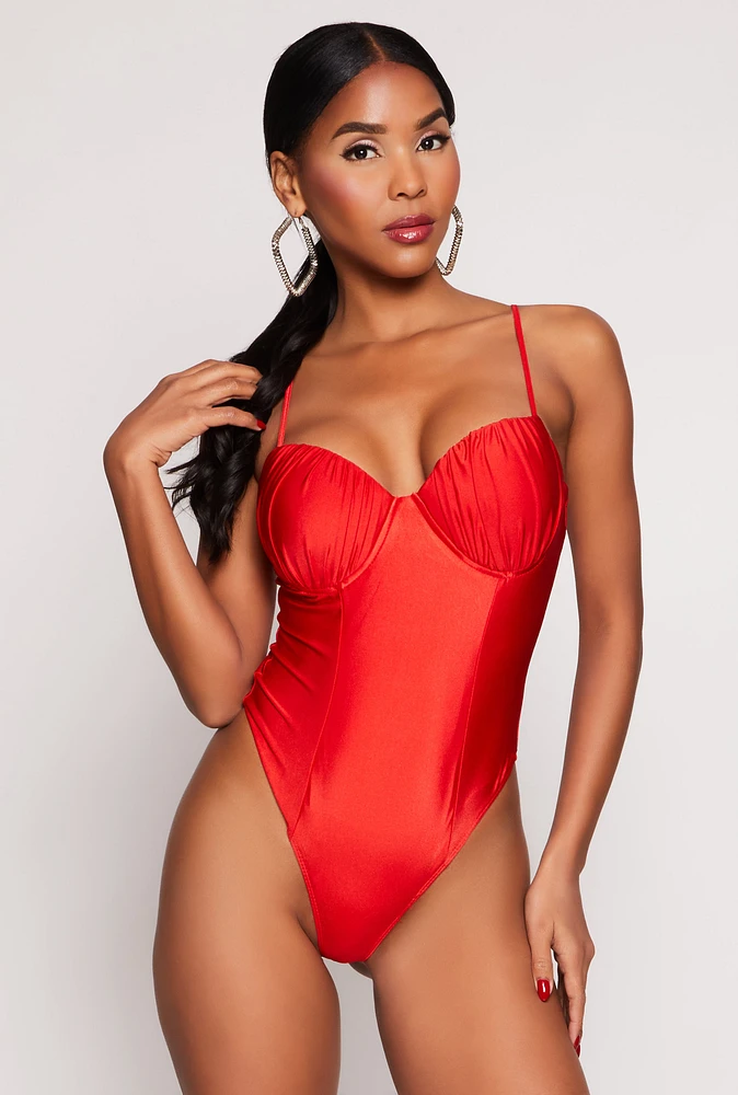 Womens Ruched Padded Bustier Bodysuit, Red, Size S