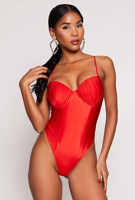 Womens Ruched Padded Bustier Bodysuit, Red, Size S
