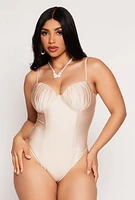 Womens Ruched Padded Bustier Bodysuit, Beige, Size M