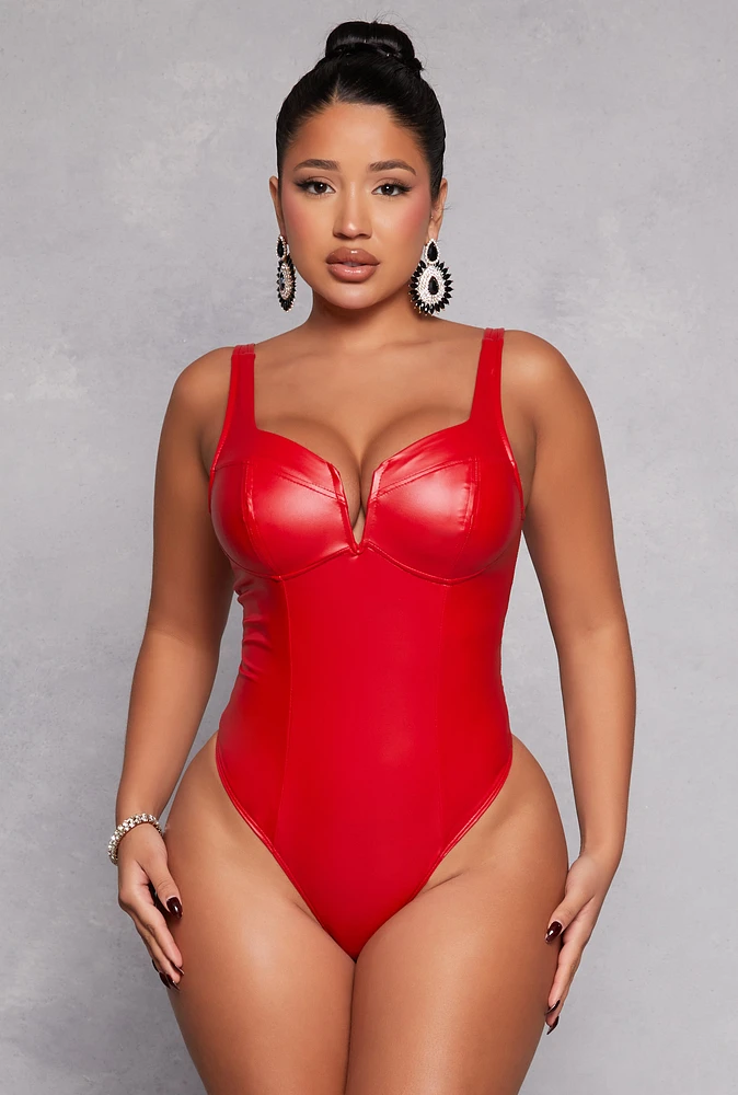 Womens Iris Leather Look Bustier Bodysuit, Red,